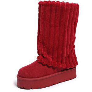 ✨Women's Red Platform Fur Boots Fuzzy Fleece Lined Ankle Anti-Slip Booties